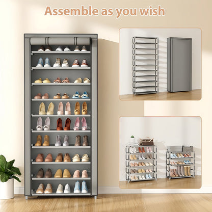 Shoe Rack with Dust Cover – 6/8/10 Tier High-Capacity Space Saving Shoe Organizer, Easy Assembly, 12mm Pipe, Entryway Closet & Wardrobe Storage Rack