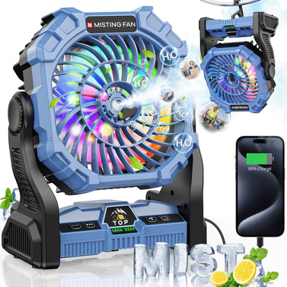 Camping Fan Rechargeable 20000mAh with Misting Solar Panel RGB Mood Light 4-Speed Tent Hook Phone Charging Portable Outdoor Fan