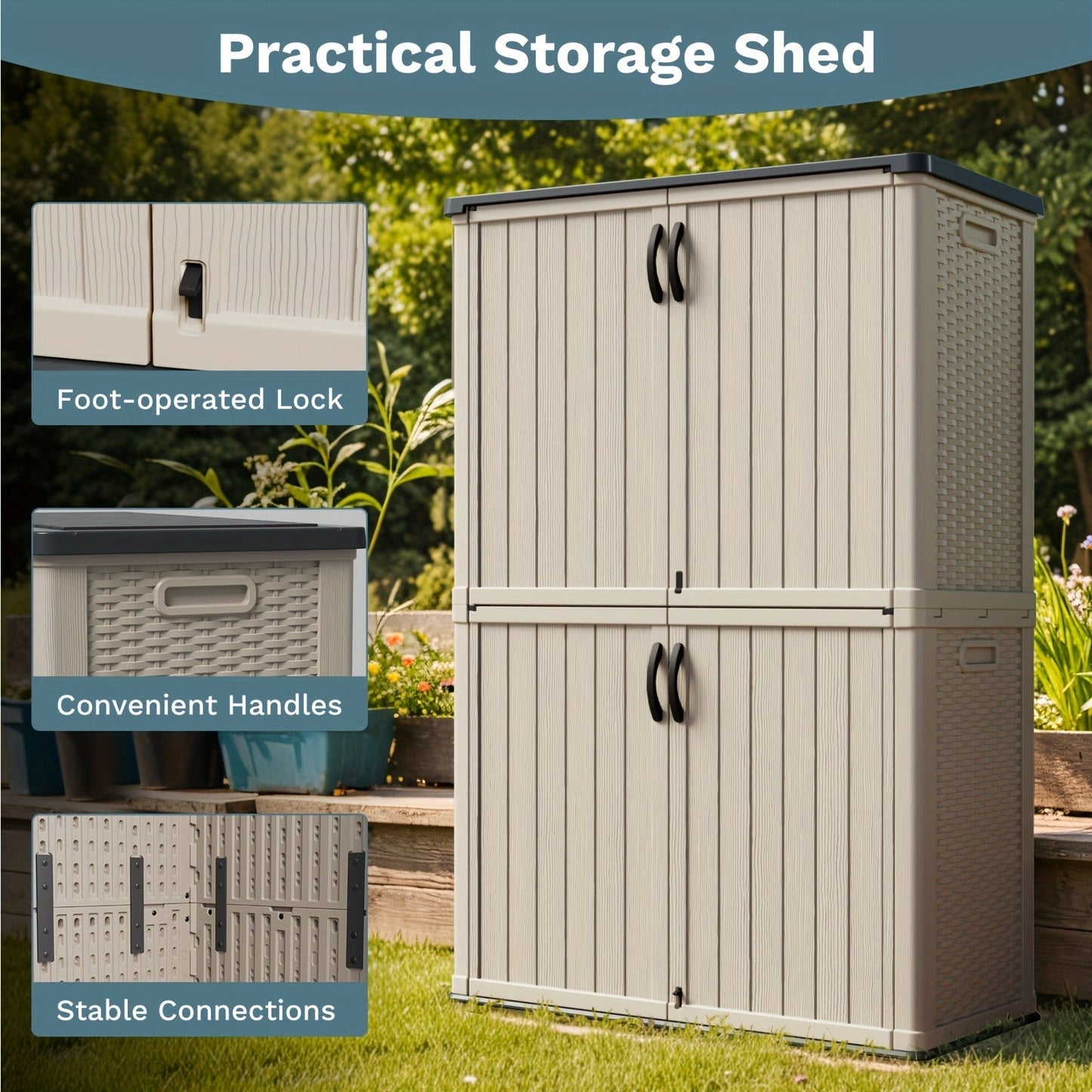 Resin Outdoor Storage Cabinet and Shelf Options in White or Beige with 4 x 2 Ft Shed Sizes