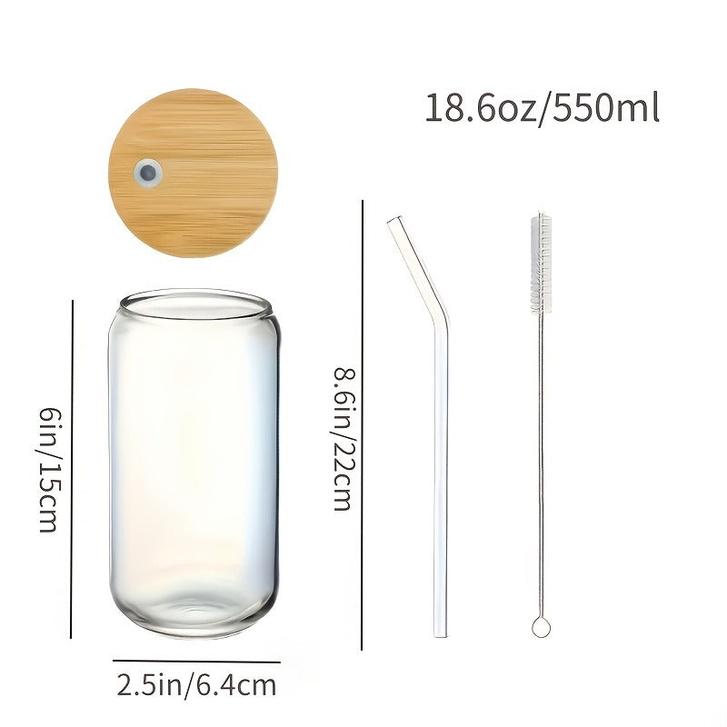 Drinking Glasses Set with Lid and Straw 550ml Oval Glass Cups 4 or 6 Piece – Iced Coffee Smoothie Bubble Tea Juice Tumbler Set for Home Entertaining Gifting