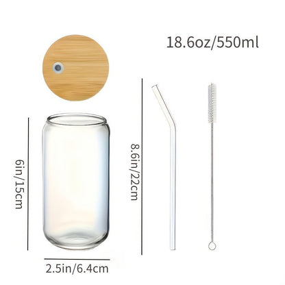Drinking Glasses Set with Lid and Straw 550ml Oval Glass Cups 4 or 6 Piece – Iced Coffee Smoothie Bubble Tea Juice Tumbler Set for Home Entertaining Gifting