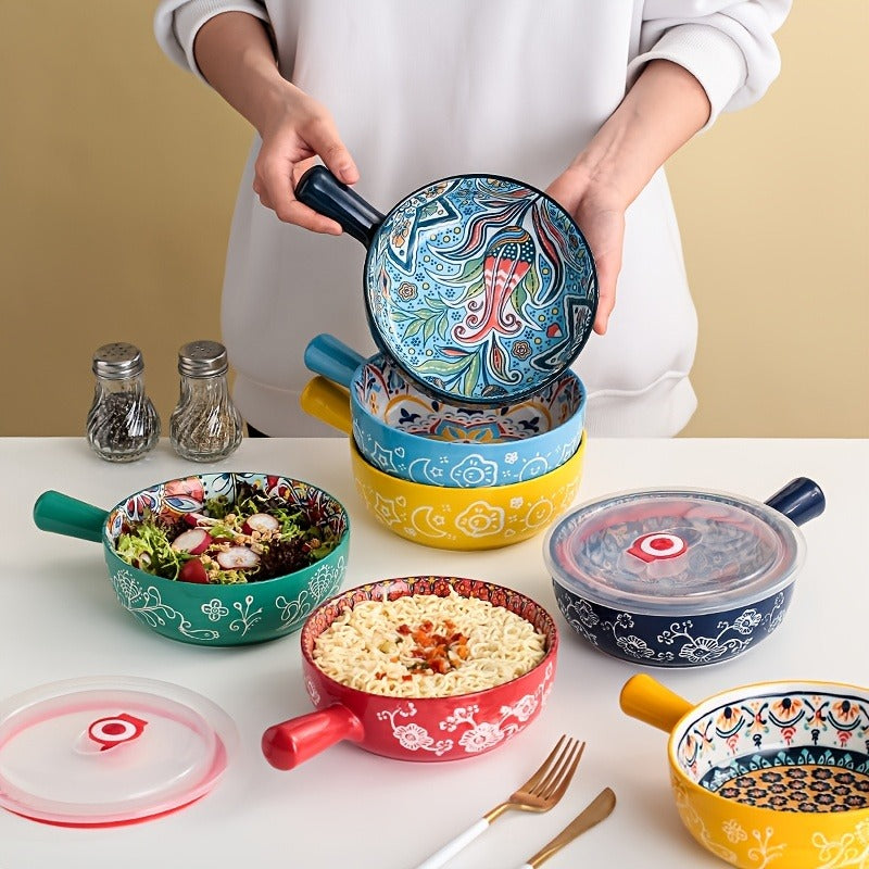 Ceramic Bowl Set with Lids 8-Piece Bohemian Soup Noodle Salad Bowls – Microwave Dishwasher Oven Safe Colorful Dinnerware for Meal Prep Family Dining Gifting