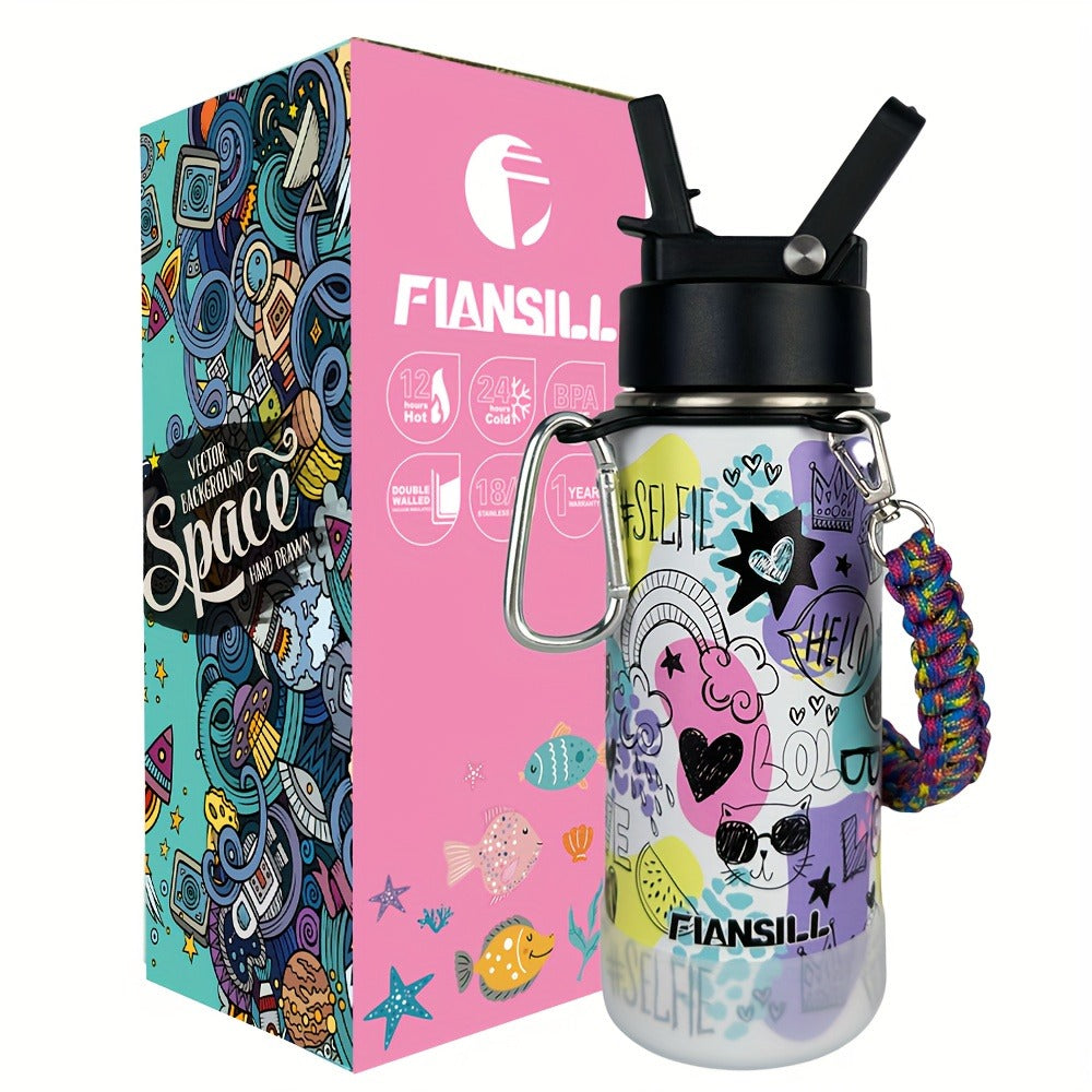 FIANSILL 16oz Stainless Steel Water Bottle with Flip-Up Straw Lid, Wrist Strap, Carabiner and Eight Prints