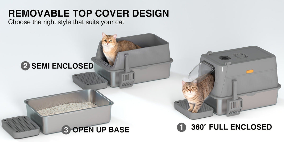 CITYLIFE Cat Litter Box with Stainless Steel Basin, Removable Enclosure, Flap Door, Top Entry, Step and Mat