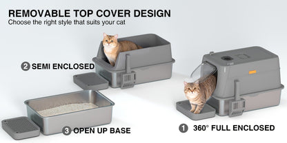 CITYLIFE Cat Litter Box with Stainless Steel Basin, Removable Enclosure, Flap Door, Top Entry, Step and Mat