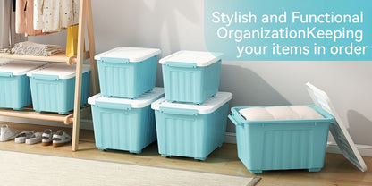 Storage Containers with Lids and Wheels | Stackable 72QT & 97QT Plastic Bins | 4 or 6 Pack | Locking Lid | Clear, Pink/White, Gray/Yellow | Home Garage
