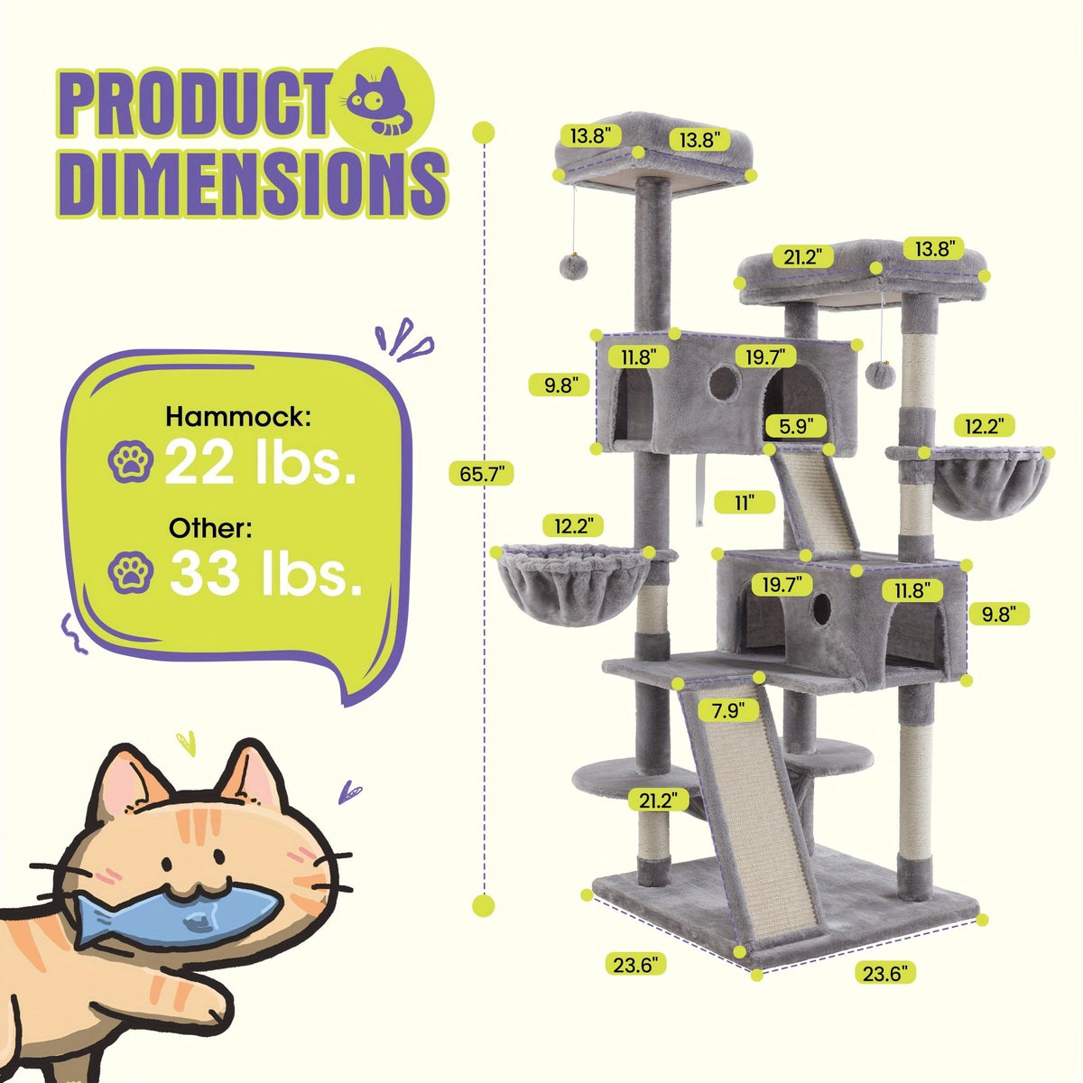 Multi-Level Cat Tree in 36-, 65-, 68- or 81-Inch Heights with Perches, Condo, Hammock and 30 Color, Pattern or Layout Options