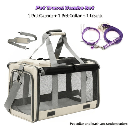 Airline Approved Pet Carrier Soft Sided Collapsible for Cats & Small Dogs - Breathable Oxford Cloth Travel Bag with Zipper Closure, Privacy Cover & Combo Set with Collar Leash Harness, Blue Pink Grey Green Beige