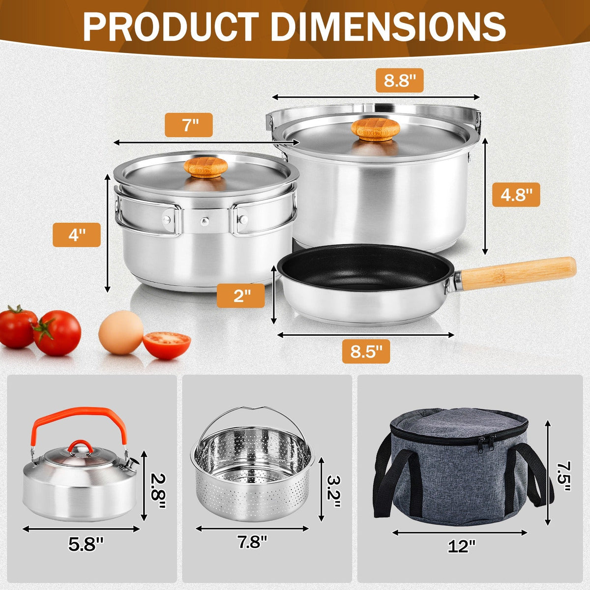 Camping Cookware Set, 19- or 27-Piece Coated Aluminum Mess Kit with Pot, Pan, Kettle, Cups, Plates and Cutlery
