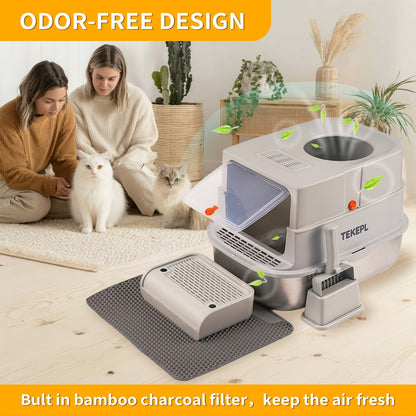 Stainless Steel Cat Litter Box with Lid - Extra Large 68L Enclosed & Semi-Open Modular System, 304 Steel Non-Stick Easy Clean, Charcoal Filter, Litter Mat & Scoop Included, Indoor XL Pet Toilet