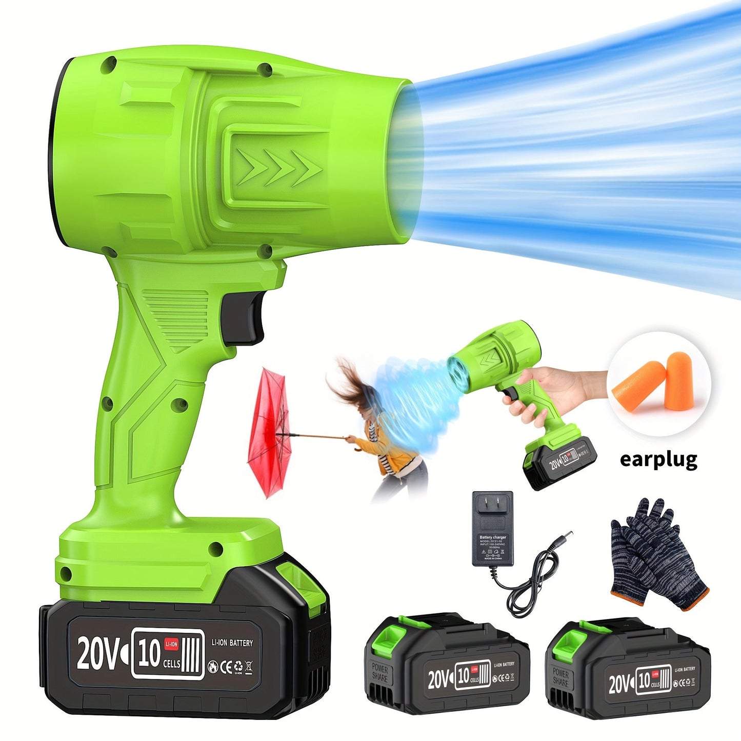 20V Cordless Leaf Blower with 50,000 RPM Marking, Yellow or Green Body and Six Dual-Battery Package Options