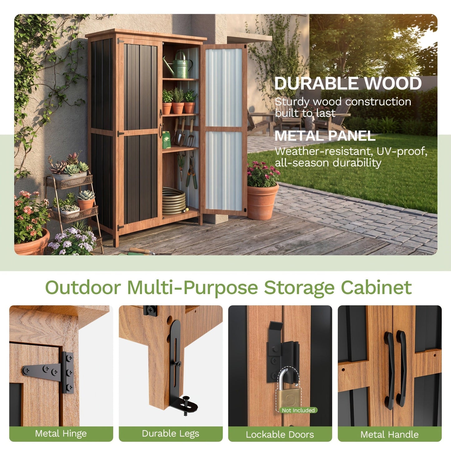 Metal Outdoor Storage Cabinets with Shelf-Equipped Tall or Low Models and 3 x 2 x 4.6 Ft Shed Option