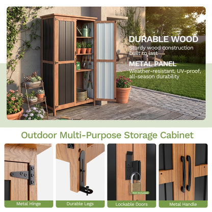 Metal Outdoor Storage Cabinets with Shelf-Equipped Tall or Low Models and 3 x 2 x 4.6 Ft Shed Option