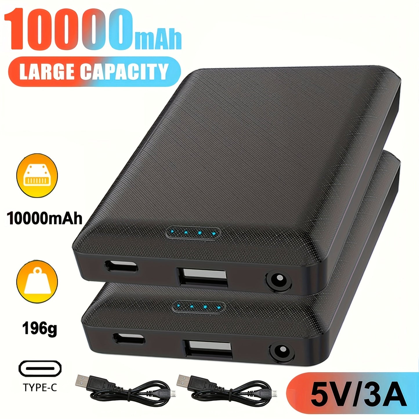 Power Bank 10000mAh 5V/3A for Heated Clothing with USB-C Input and Single or Two-Pack Options
