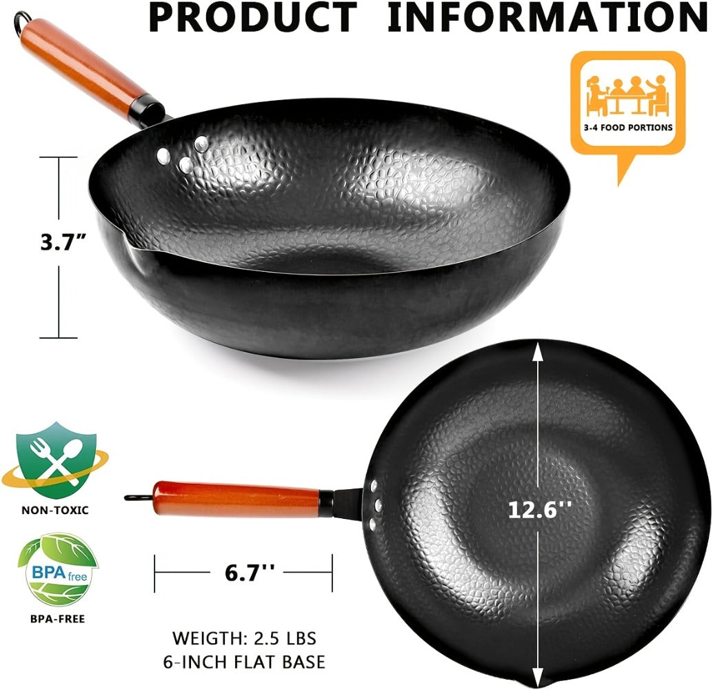Carbon Steel Wok Set with Lid and 14-Piece Accessory Kit, 12.6 Inch Stir-Fry Pan with Spatula, Brush, Ring and Utensils