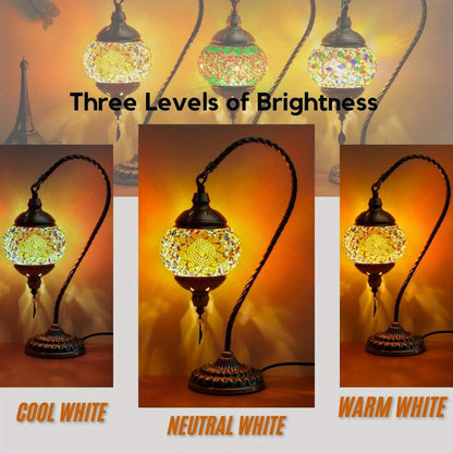 Mosaic Table Lamp Turkish Moroccan Style Handmade Swan Neck Glass Bedside Lamp 3 Color Modes LED Bulb Included Metal Base for Bedroom Living Room