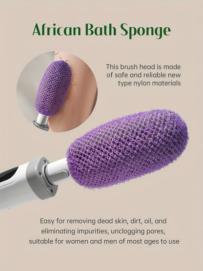 Electric Body Scrubber Brush 3 Replaceable Heads Dual Speed Shower Back Cleaner Exfoliating Skin Cleansing Massage African Bath Sponge Long Handle for Women Men Home Spa Daily Use