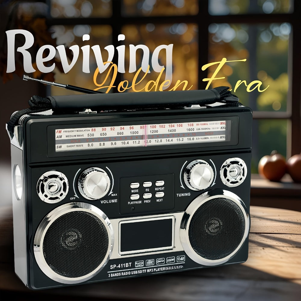 Solar Powered Bluetooth Radio Retro Portable AM FM SW with LED Flashlight, TF SD USB AUX MP3 Playback, Telescopic Antenna & Leather Handle for Camping Emergency Outdoor