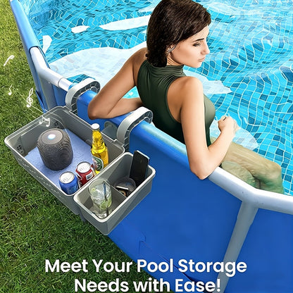 Grey Poolside Storage Basket with Dual Cup Holders, Hanging Towel Bar and Adjustable Frame Clamps