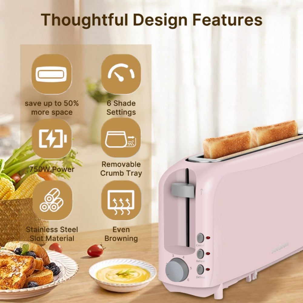 750W Slim Two-Slice Toaster with Six Shade Settings, Reheat, Defrost, Crumb Tray and Six Color Options