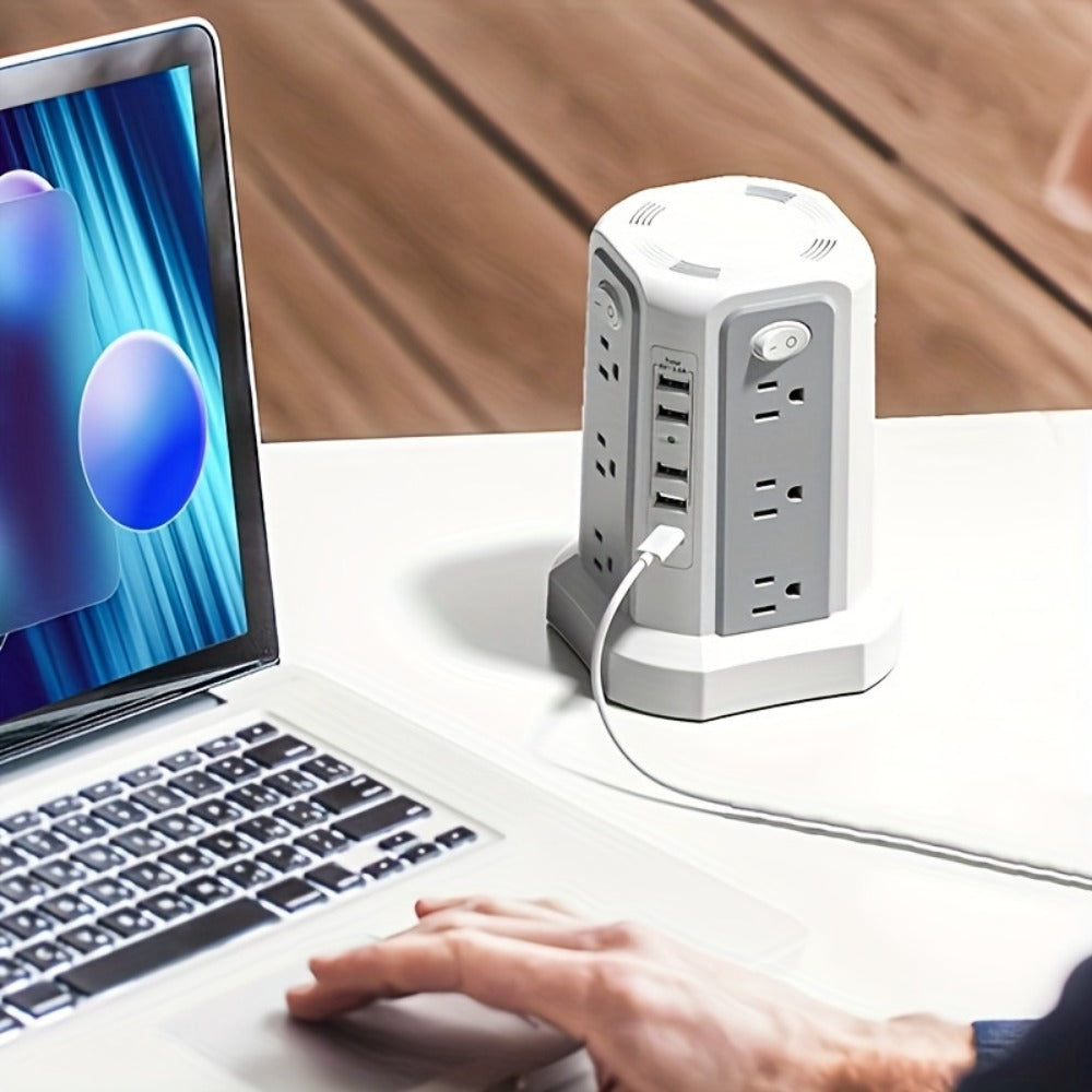 Surge Protector Power Strip Tower 17-in-1 with 12 AC Outlets, 4 USB-A, USB-C PD 18W and Four Group Switches