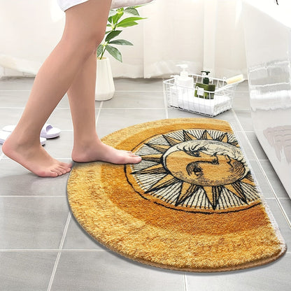 Celestial Sun and Moon Door Mat with Half-Round Shape, Warm Gold and Brown Artwork, 28 x 20 Inches
