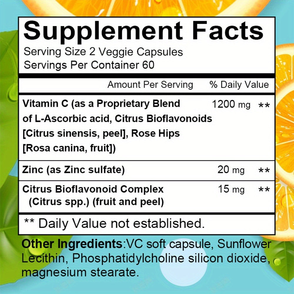 Dietary Supplement Vitamin C 1200mg and Zinc 20mg Softgels in a 120-Count Bottle for Daily Supplement Routines
