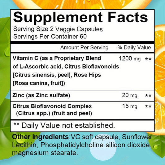 Dietary Supplement Vitamin C 1200mg and Zinc 20mg Softgels in a 120-Count Bottle for Daily Supplement Routines
