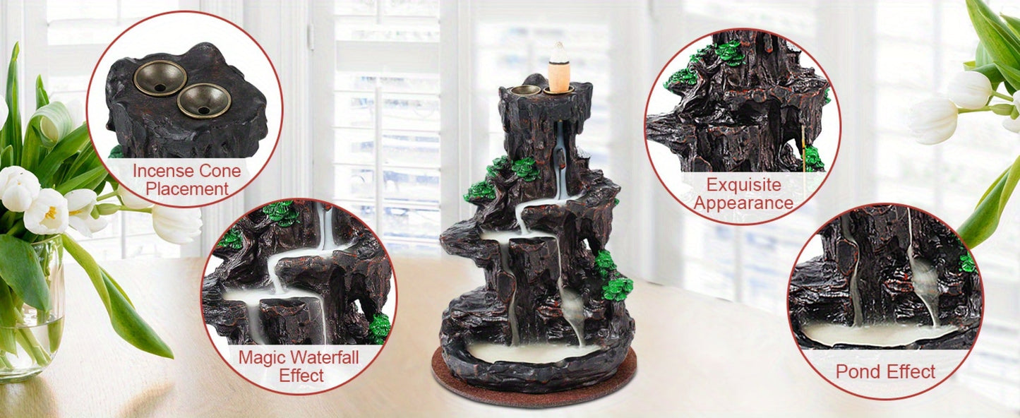 Backflow Incense Burner Waterfall Smoke Effect 2-Side Incense Holder with 120 Backflow Cones 30 Incense Sticks Aromatherapy Ornament for Home Decor Meditation Yoga Relaxation Stress Relief