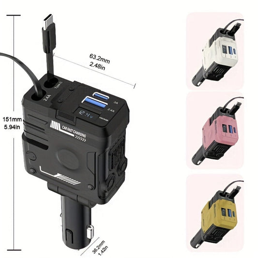 Dual Retractable Cable Car Charger 4-in-1 with Lightning & Type-C 31in, 2 USB-A Ports & Voltage Supervision – Tangle-Free Fast Car Phone Charger for iPhone Samsung Android, Multi Port Car Charging Adapter 4 Colors