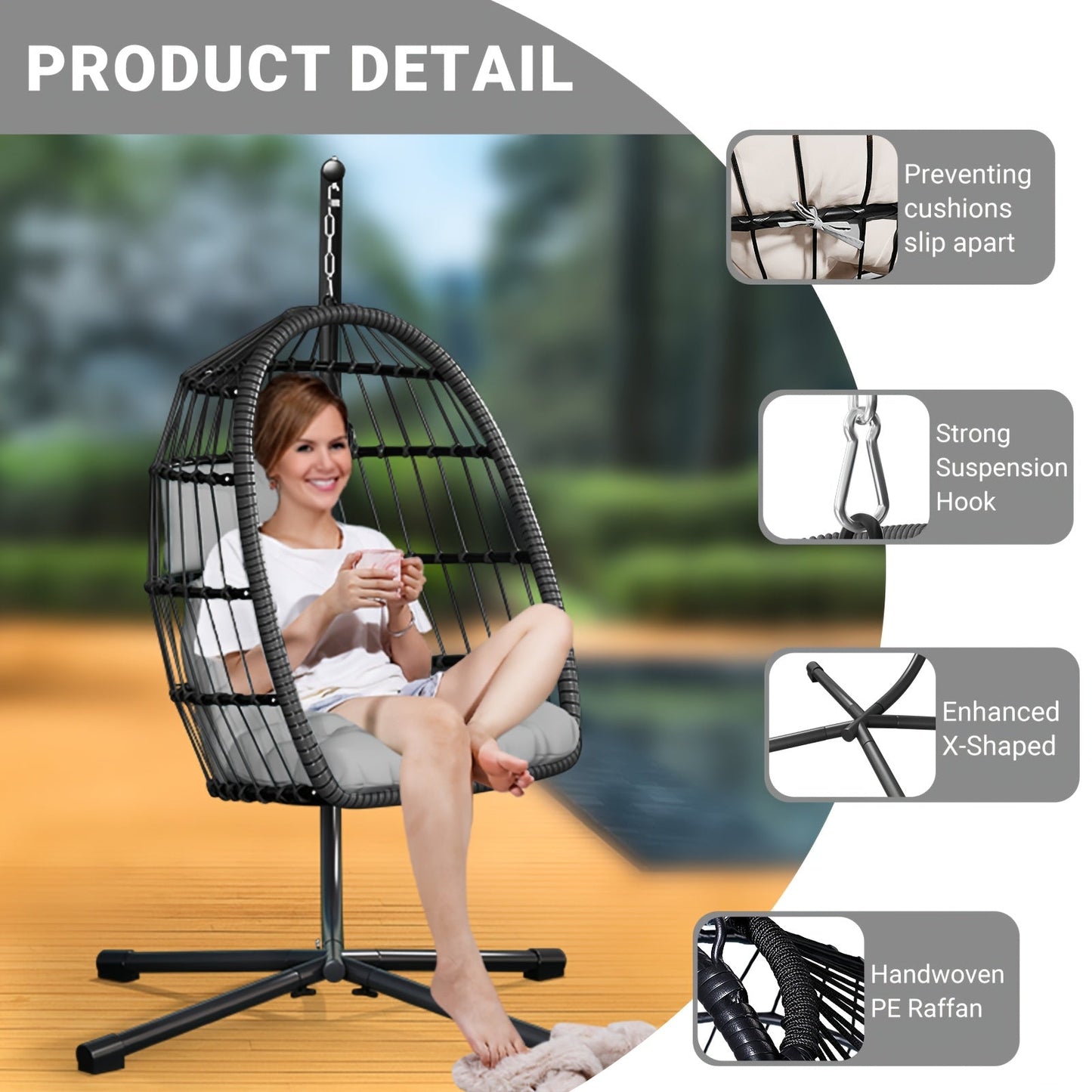 Rattan Wicker Hanging Egg Chair with Stand, Aluminum Frame and 11 Cushion and Size Options