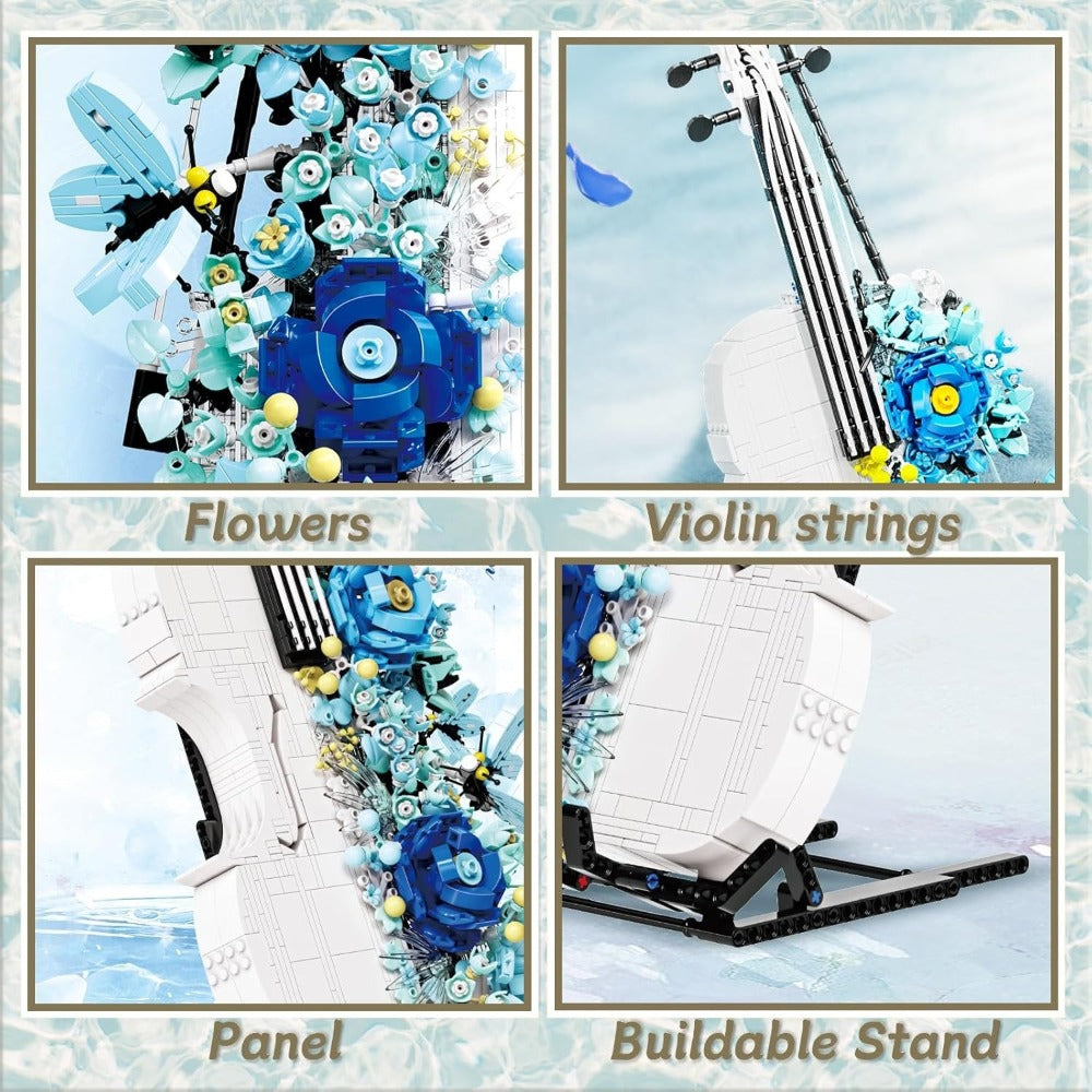 1419-Piece Flower Violin Building Block Model with Brick-Built Stand, Blue Blooms and Panel Detail