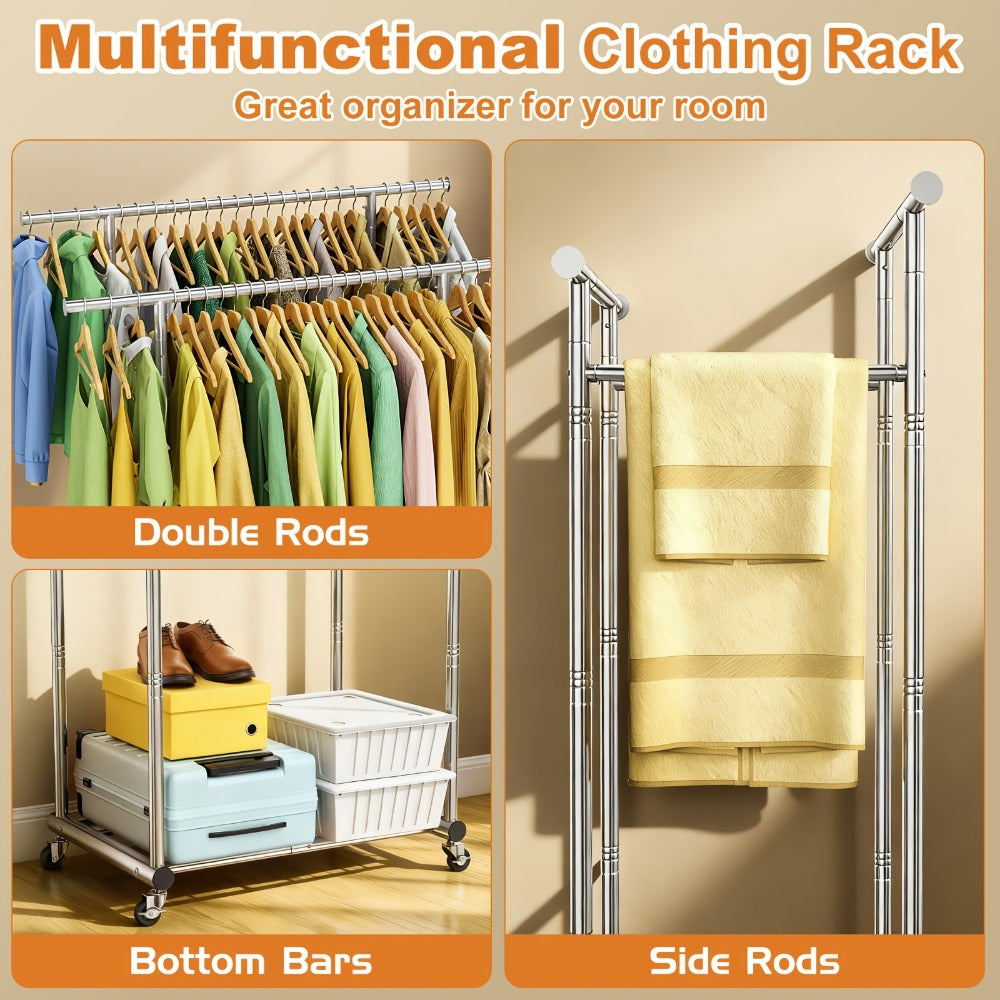 Portable Clothes Rack with Wheels – Heavy Duty Double Rod Garment Rack with Shelves & Hooks | Metal Rolling Clothing Rack for Hanging Clothes | Multi-Functional Closet Rack for Bedroom & Laundry Room