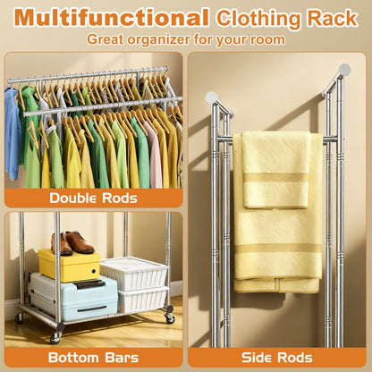 Portable Clothes Rack with Wheels – Heavy Duty Double Rod Garment Rack with Shelves & Hooks | Metal Rolling Clothing Rack for Hanging Clothes | Multi-Functional Closet Rack for Bedroom & Laundry Room