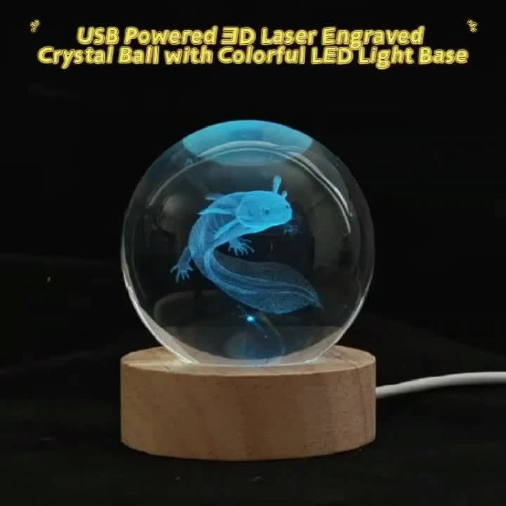 Night Light 2.36-Inch Axolotl Crystal Orb Lamp with Color-Changing LED, USB Power and Wood-Tone Round Base