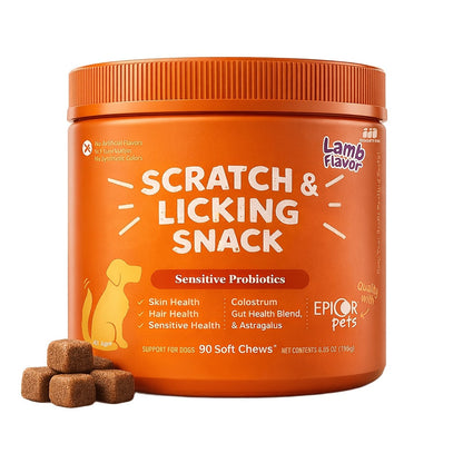 Dog Omega 3 Skin & Coat Chews 90ct – Lamb Flavor Soft Pellets with Probiotics for Itching, Scratching & Licking Relief, Fur Care Supplement for Dogs of All Ages & Breeds