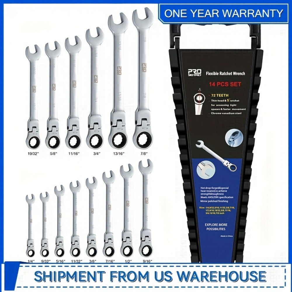 Flex Head Ratcheting Wrench Set SAE 14-Piece - 1/4" to 7/8" Chrome Vanadium Steel 72-Tooth 180° Flex Head with Organizer Rack for Auto Mechanical Repair