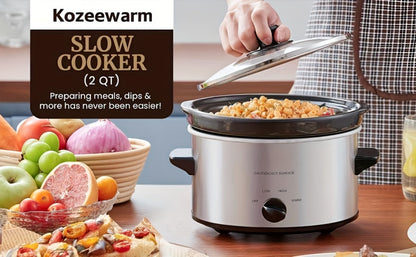 Mini Slow Cooker 1.5QT & 2.0QT with Adjustable Temperature Ceramic Crock & Dishwasher Safe Glass Lid – Small Slow Cooker for Sauces Dips Soups Stews, Stainless Steel & Black