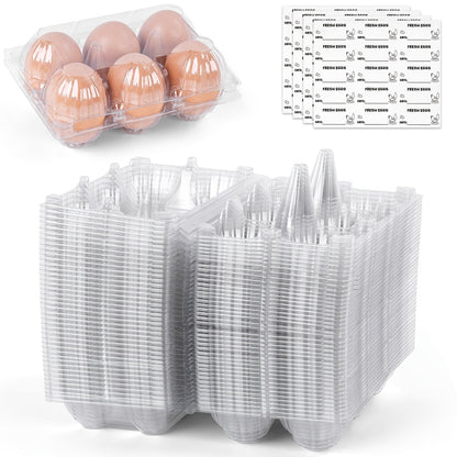 Plastic Egg Cartons, 60 Pack Clear 6-Cavity Reusable Egg Holders with 4 Label Stickers – Bulk Egg Carton Set for Home, Ranch, Chicken Farm, Market Display, Kitchen Storage and Refrigerator