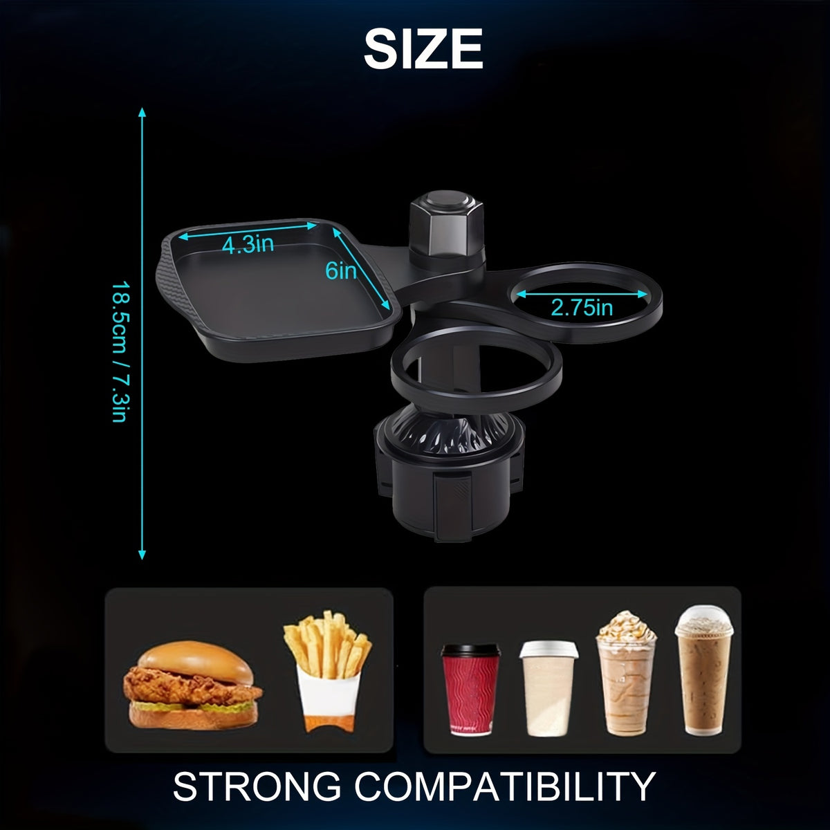 Rotating Car Cup Holder Expander with Dual Drink Rings, 4.3 x 6 Inch Tray, Adjustable Base and Black Finish