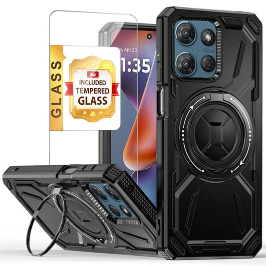 Phone Case Magnetic Ring Stand Cover with Tempered Glass Protector and Qi Charging for Moto G Power 5G 2025