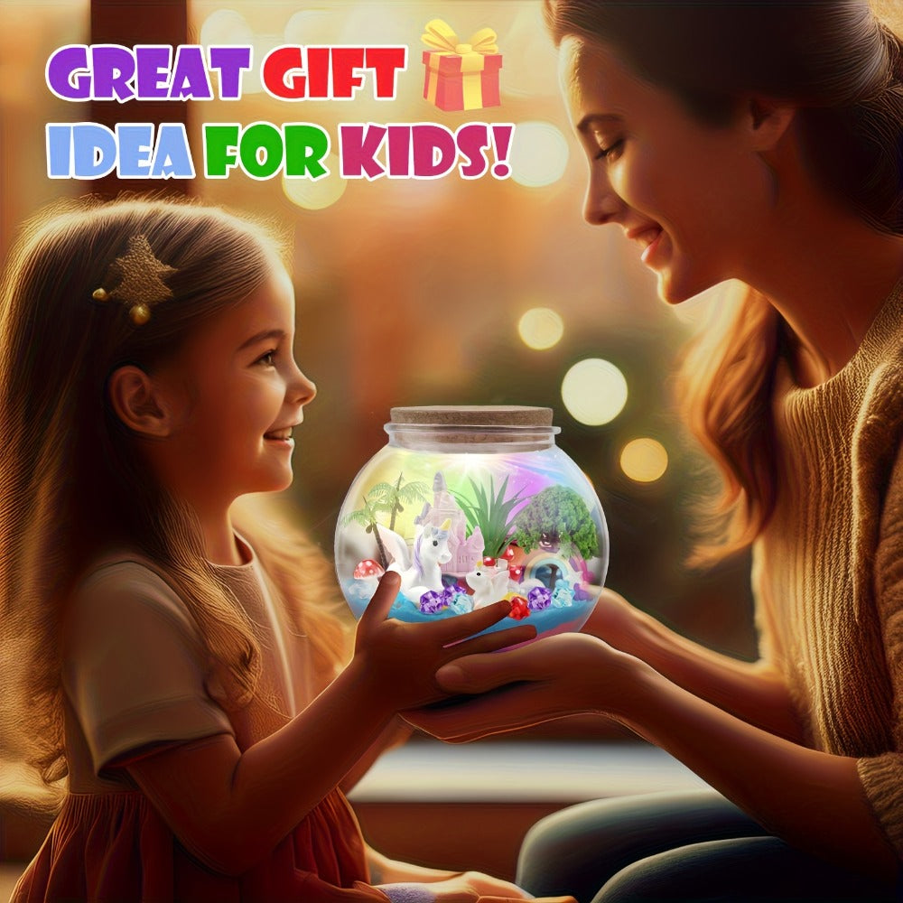 Unicorn Terrarium Craft Kit with Decorative Globe, Multicolor LED Light, Remote and Layered Sand Accessories