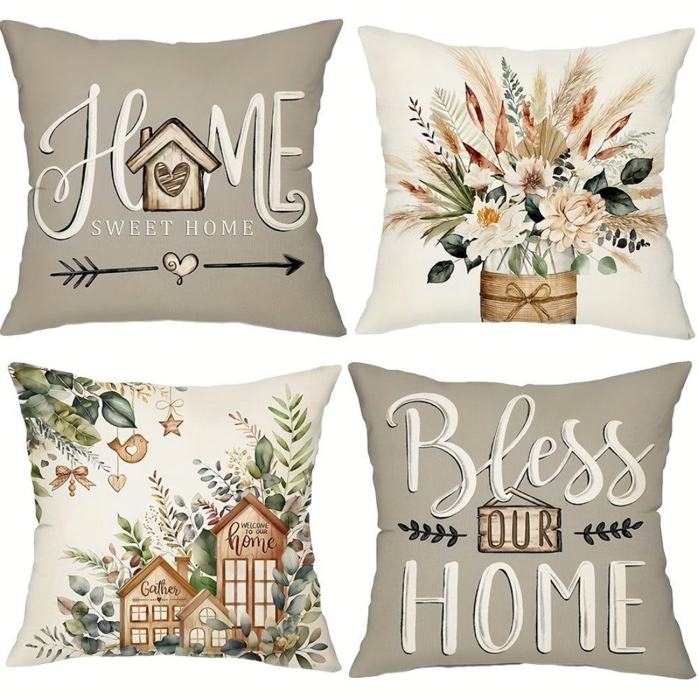 Four-Piece Botanical Farmhouse Pillow Cover Set in 18 x 18-Inch Size with Inserts Not Included