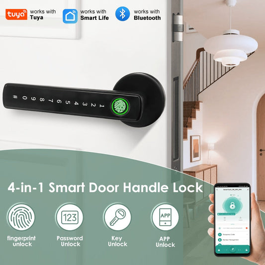 Aluminum Alloy Smart Door Handle Lock 4-in-1 with Fingerprint, Password, App & Key, Left & Right Hand Compatible, Heavy-Duty Keyless Entry Electronic Handle for Apartment Hotel Bedroom Interior Door
