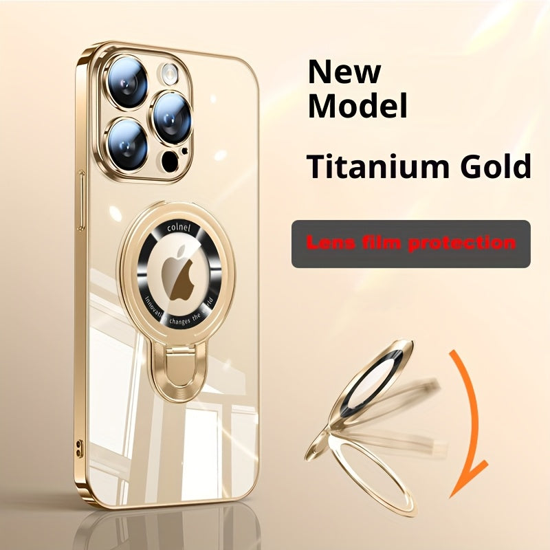 Magnetic U-Shield Stand iPhone Case for iPhone 17 Pro Max 16 16 Pro Max Electroplated PC Transparent Back Shockproof Full Coverage Protective Cover with Kickstand