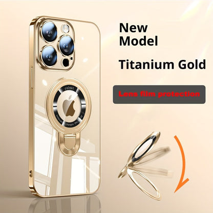 Magnetic U-Shield Stand iPhone Case for iPhone 17 Pro Max 16 16 Pro Max Electroplated PC Transparent Back Shockproof Full Coverage Protective Cover with Kickstand