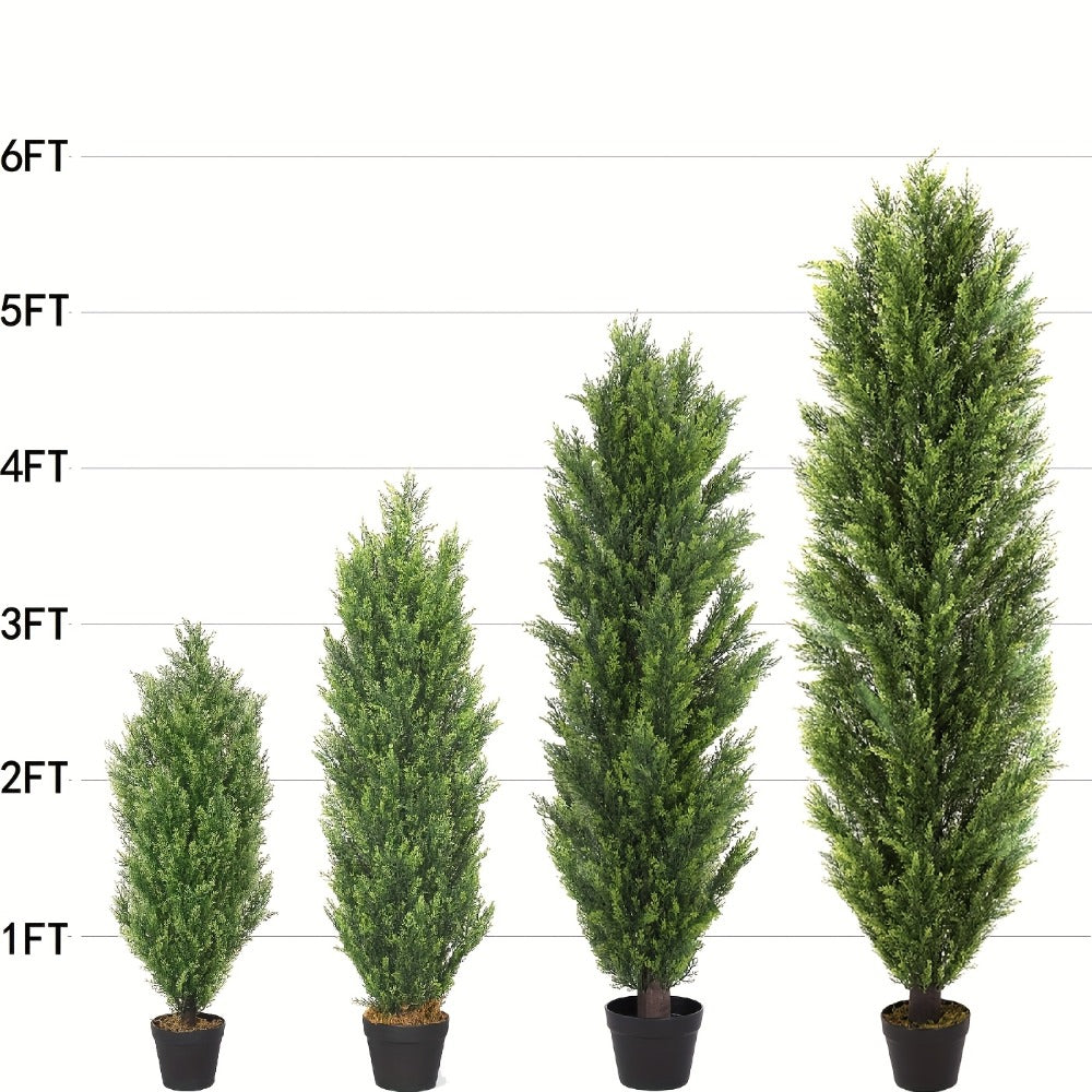 Two-Pack Artificial Cedar Topiary Trees with 4, 5 or 6 ft Height Options and Optional 16-Inch Black Planters
