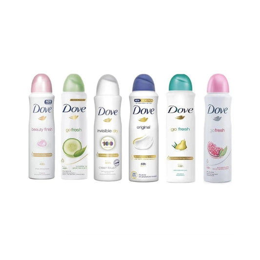 Dove Deodorant Body Spray for Women Antiperspirant 6 Pack Variety Set 48H Protection Invisible Dry Alcohol Free Fresh Scent Long Lasting 150ml Each Bulk Value Gift Set