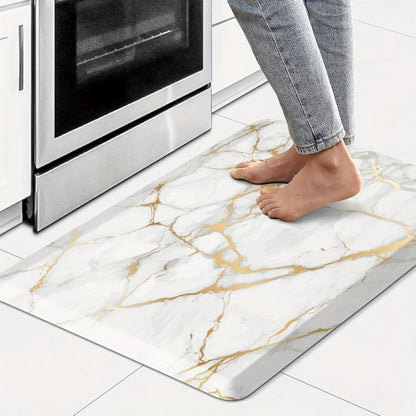 Marble-Pattern Kitchen Floor Mat in Three Exact Rectangular Sizes with Cushioned Low-Profile Form