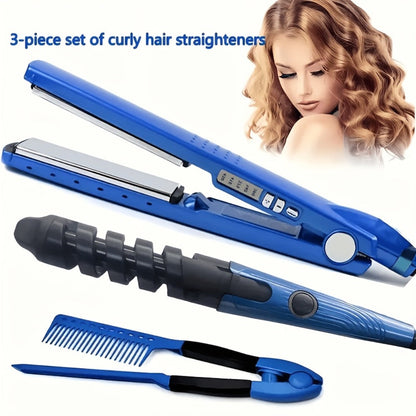 Flat Iron, Curling Iron and Comb Hair Styling Tool Set with Three Pieces in Blue for Home Styling
